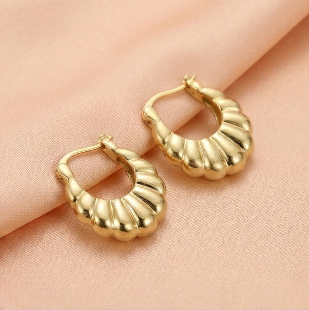 925 Sterling Silver Croissant Ribbed Hoop Earrings in Gold Finish Women's Jewellery