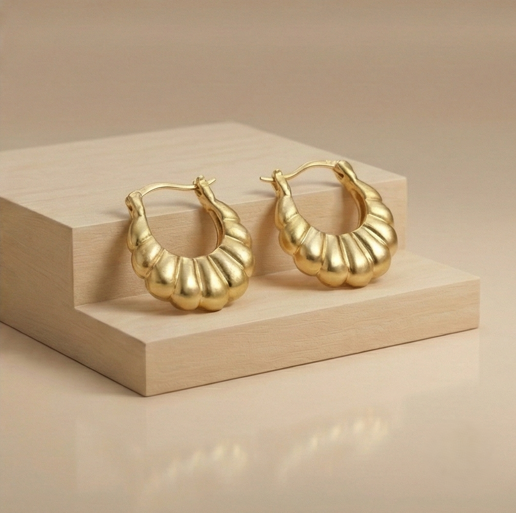 925 Sterling Silver Croissant Ribbed Hoop Earrings in Gold Finish Women's Jewellery