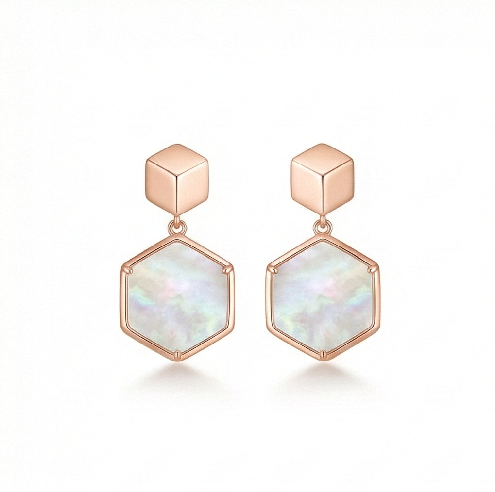 925 Sterling Silver Geometric Hexagon Drop Earrings in Rose Gold Finish Women's Jewellery