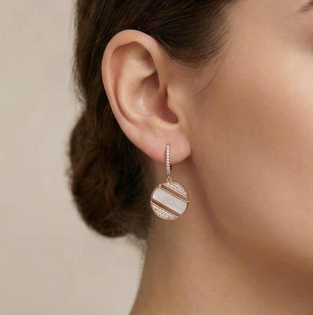 925 Sterling Silver Rose Gold Plated Mother of Pearl Geometric Drop Earrings Jewellery