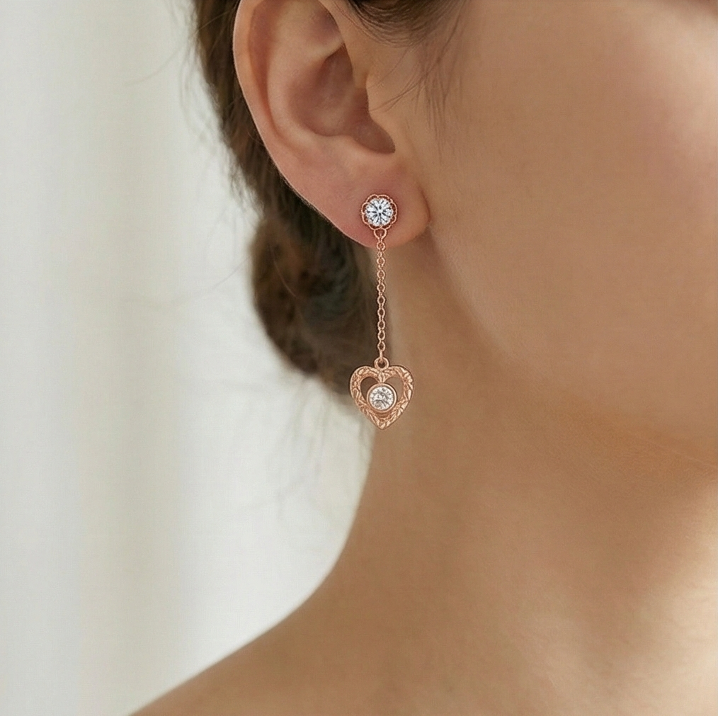925 Sterling Silver Rose Gold Plated Heart Filigree Chain Drop Earrings Jewellery