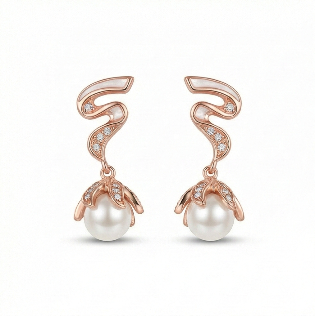 925 Sterling Silver Rose Gold Plated Pearl and Swirl Drop Earrings Jewellery