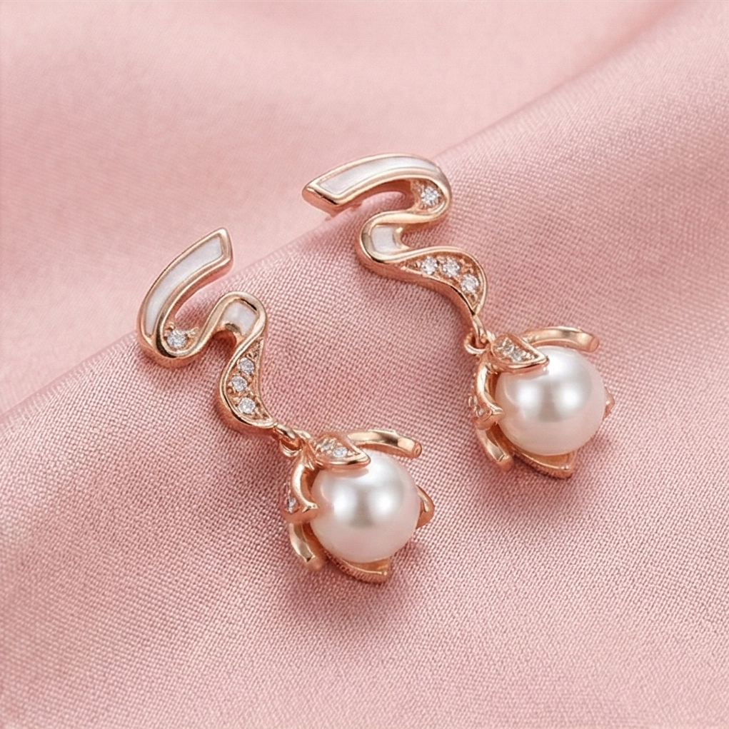 925 Sterling Silver Rose Gold Plated Pearl and Swirl Drop Earrings Jewellery