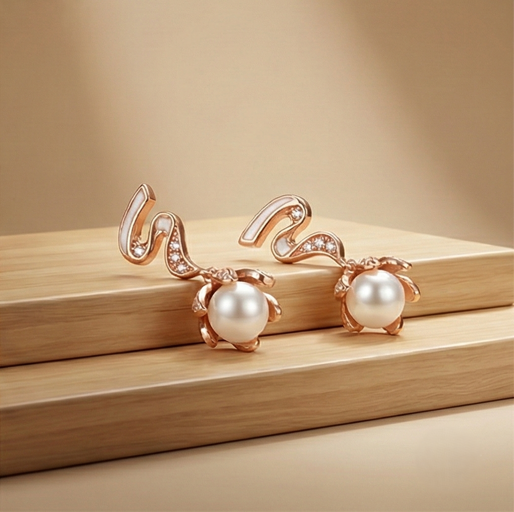925 Sterling Silver Rose Gold Plated Pearl and Swirl Drop Earrings Jewellery