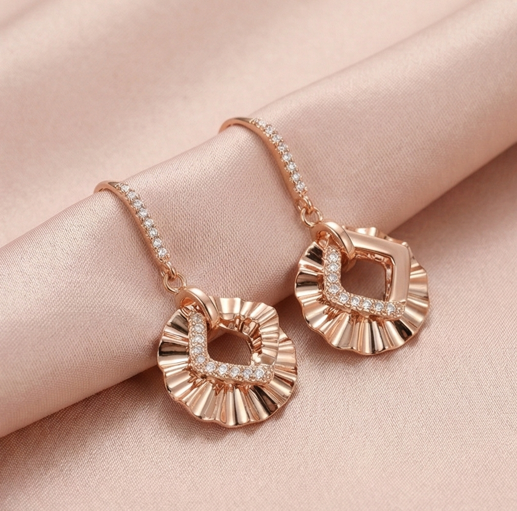 925 Sterling Silver Rose Gold Plated Ruffled Geometric Drop Earrings Jewellery for Women