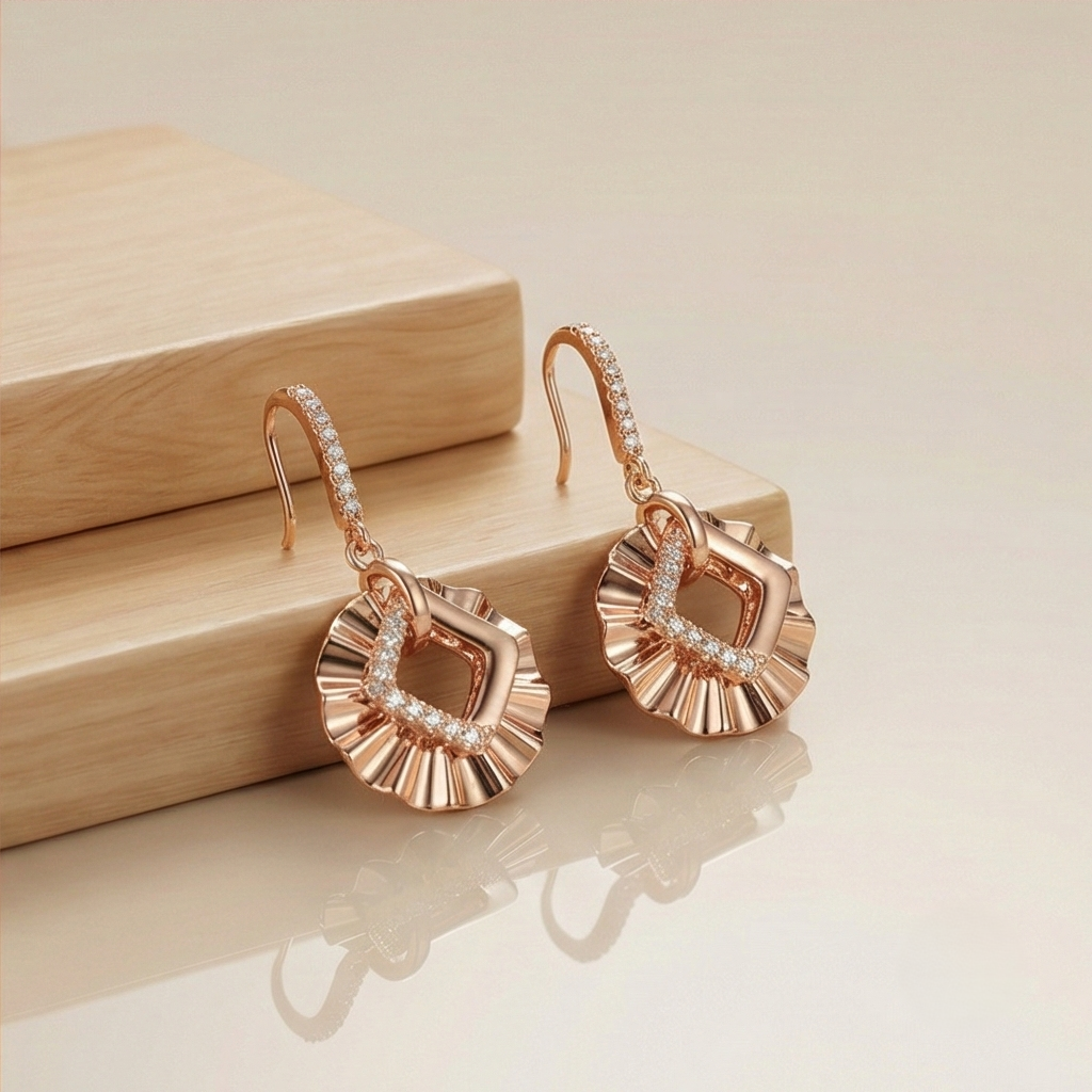 925 Sterling Silver Rose Gold Plated Ruffled Geometric Drop Earrings Jewellery for Women
