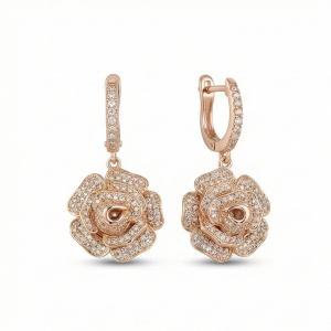 925 Sterling Silver Rose Gold Plated Blooming Rose Flower Drop Earrings Jewellery