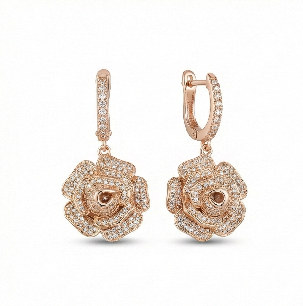 925 Sterling Silver Rose Gold Plated Blooming Rose Flower Drop Earrings Jewellery