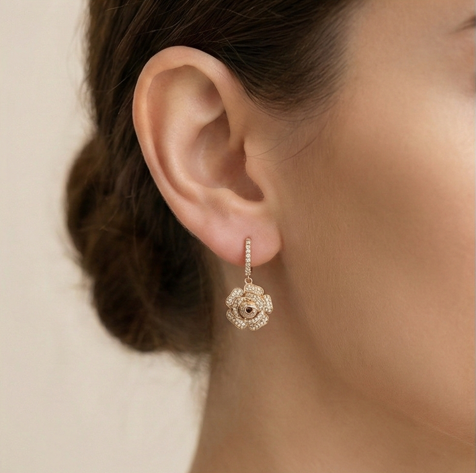 925 Sterling Silver Rose Gold Plated Blooming Rose Flower Drop Earrings Jewellery