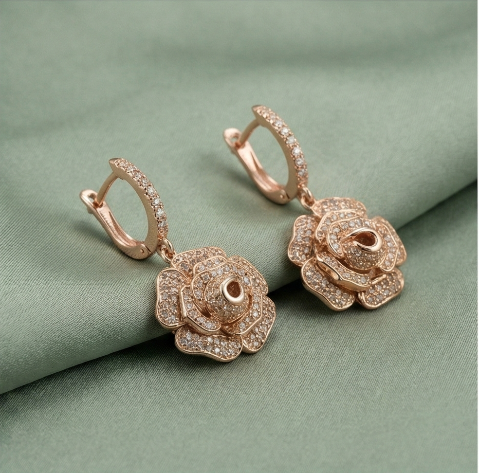 925 Sterling Silver Rose Gold Plated Blooming Rose Flower Drop Earrings Jewellery