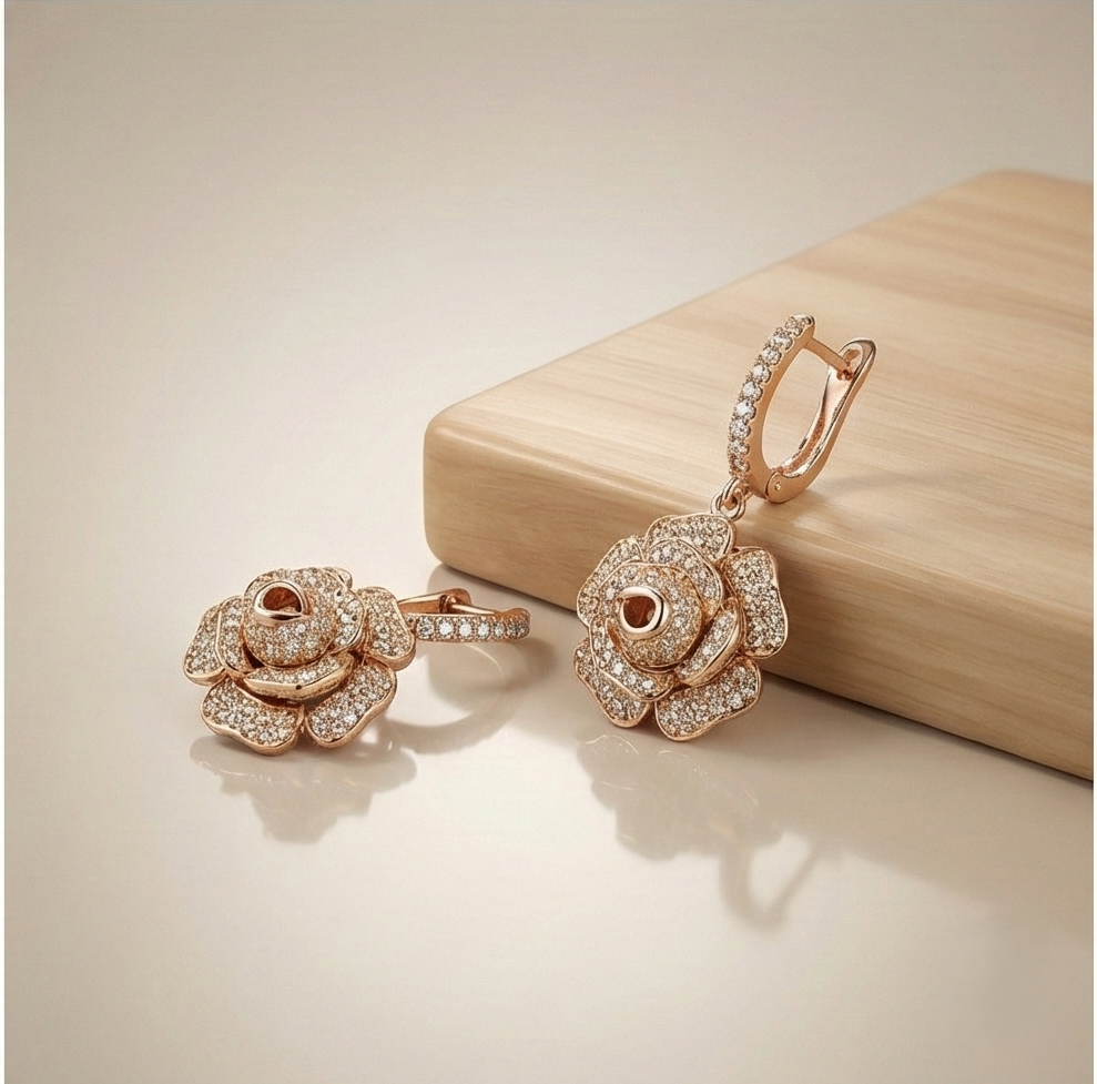 925 Sterling Silver Rose Gold Plated Blooming Rose Flower Drop Earrings Jewellery