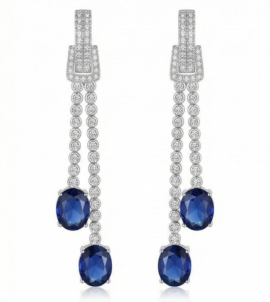 925 Sterling Silver Long Linear Drop Earrings with Blue Oval Gemstones Jewellery