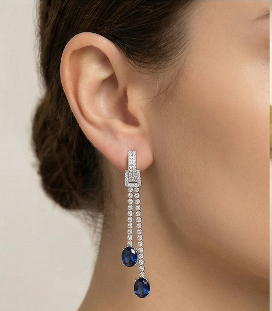 925 Sterling Silver Long Linear Drop Earrings with Blue Oval Gemstones Jewellery