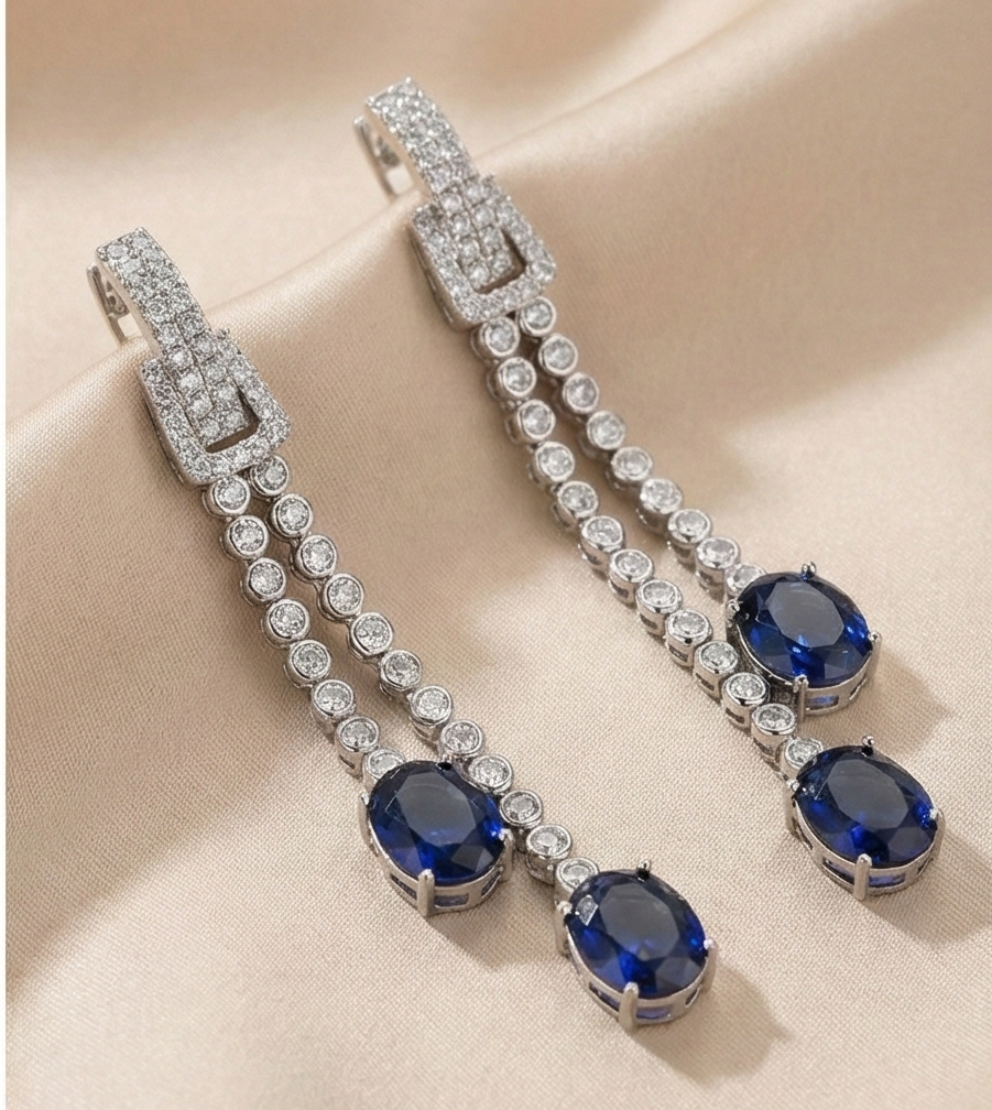 925 Sterling Silver Long Linear Drop Earrings with Blue Oval Gemstones Jewellery