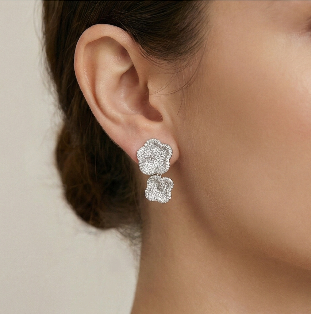 925 Sterling Silver Double Tier Floral Statement Pave Earrings Jewellery