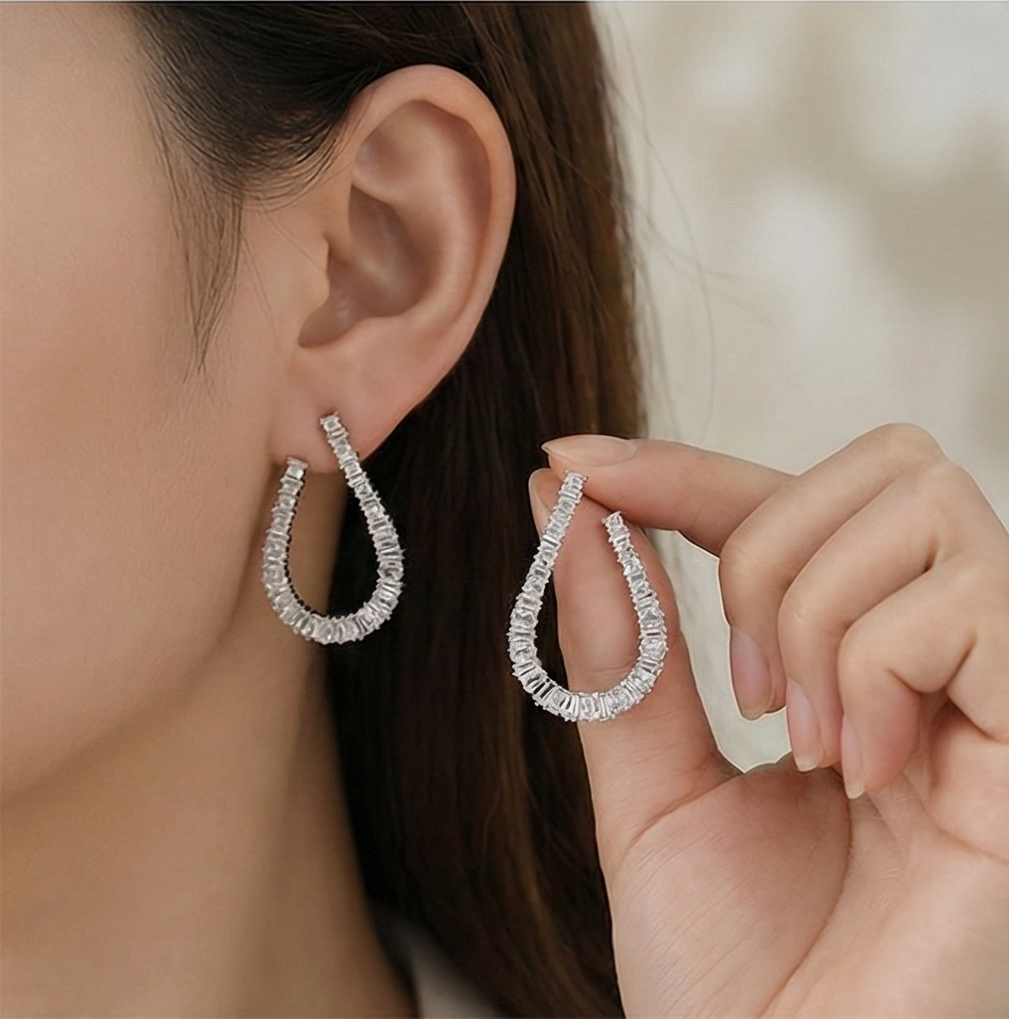 925 Sterling Silver Baguette Cut Open Hoop Earrings Jewellery for Women
