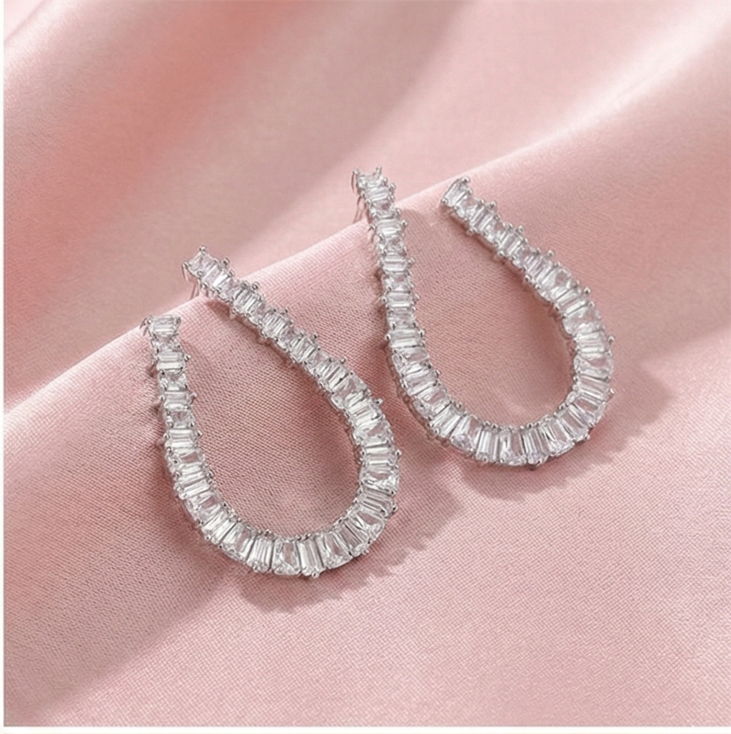 925 Sterling Silver Baguette Cut Open Hoop Earrings Jewellery for Women