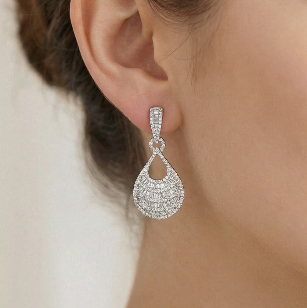 925 Sterling Silver Layered Baguette Drop Earrings High Polish Rhodium Women's Jewellery