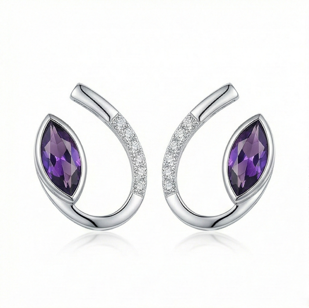 925 Sterling Silver Modern Sweep Amethyst Color Earrings High Polish Rhodium Women's Jewellery