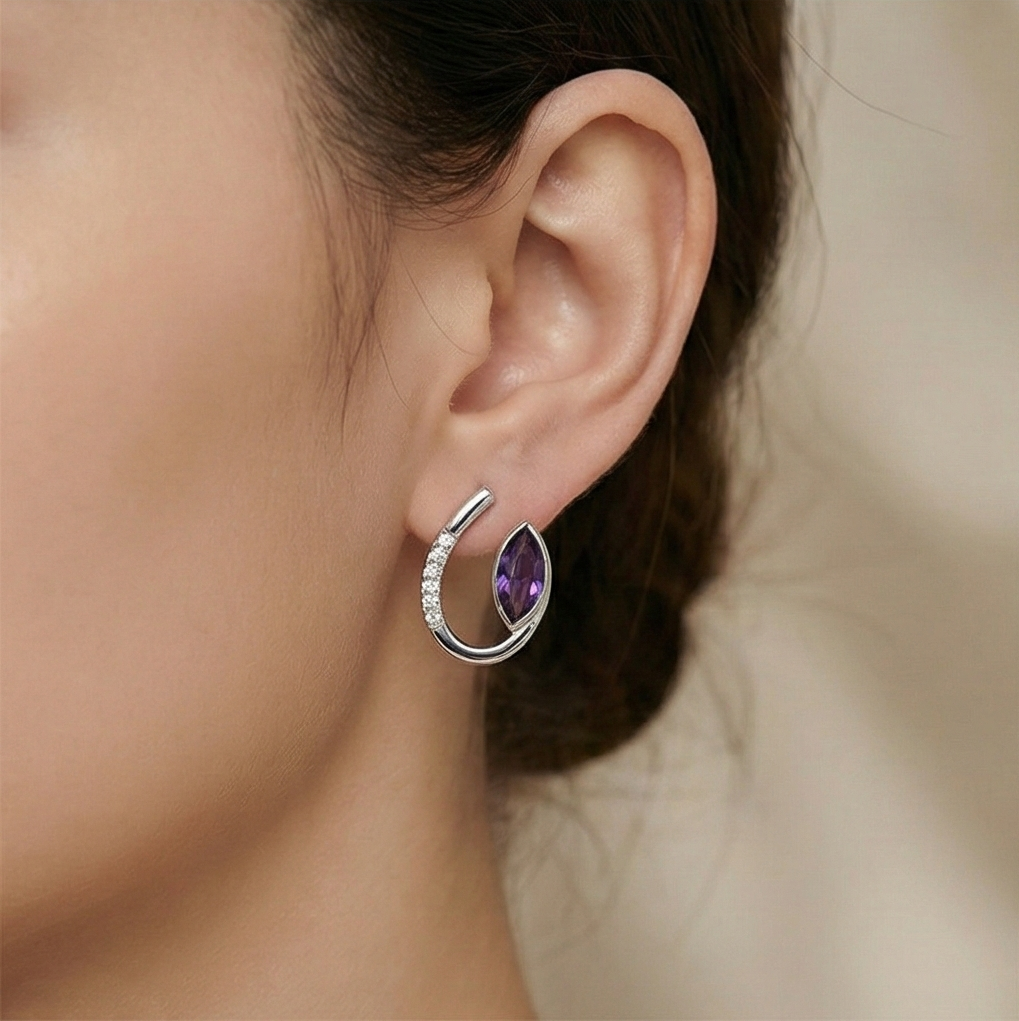 925 Sterling Silver Modern Sweep Amethyst Color Earrings High Polish Rhodium Women's Jewellery