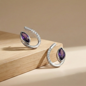 925 Sterling Silver Modern Sweep Amethyst Color Earrings High Polish Rhodium Women's Jewellery
