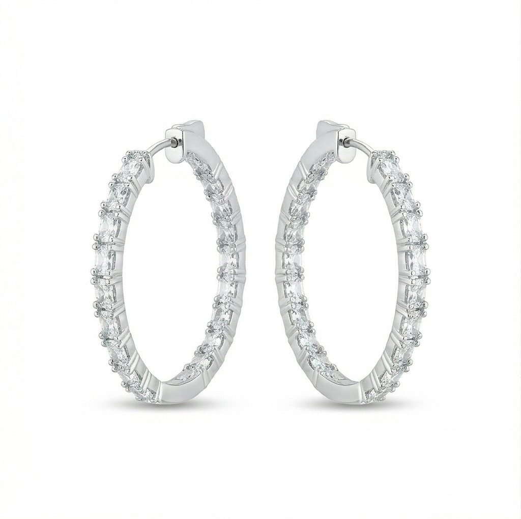 925 Sterling Silver Classic Baguette Hoop Earrings High Polish Rhodium Women's Jewellery