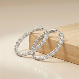 925 Sterling Silver Classic Baguette Hoop Earrings High Polish Rhodium Women's Jewellery