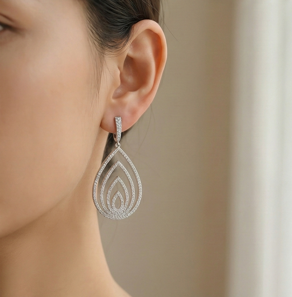 925 Sterling Silver Layered Teardrop Dangle Earrings High Polish Rhodium Women's Jewellery