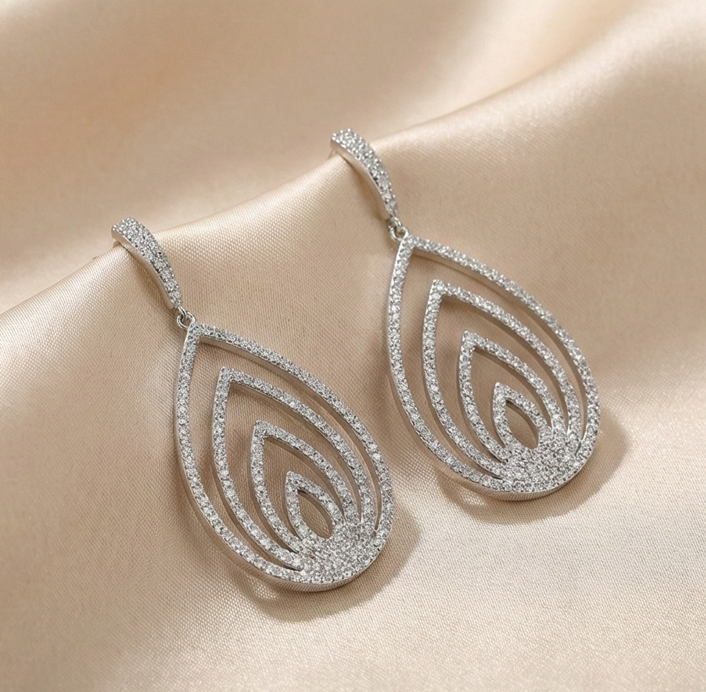 925 Sterling Silver Layered Teardrop Dangle Earrings High Polish Rhodium Women's Jewellery