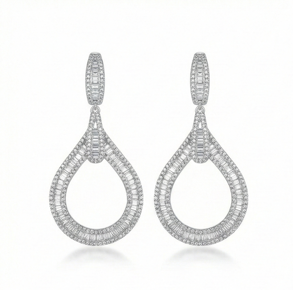 925 Sterling Silver Statement Open Teardrop Earrings High Polish Rhodium Women's Jewellery