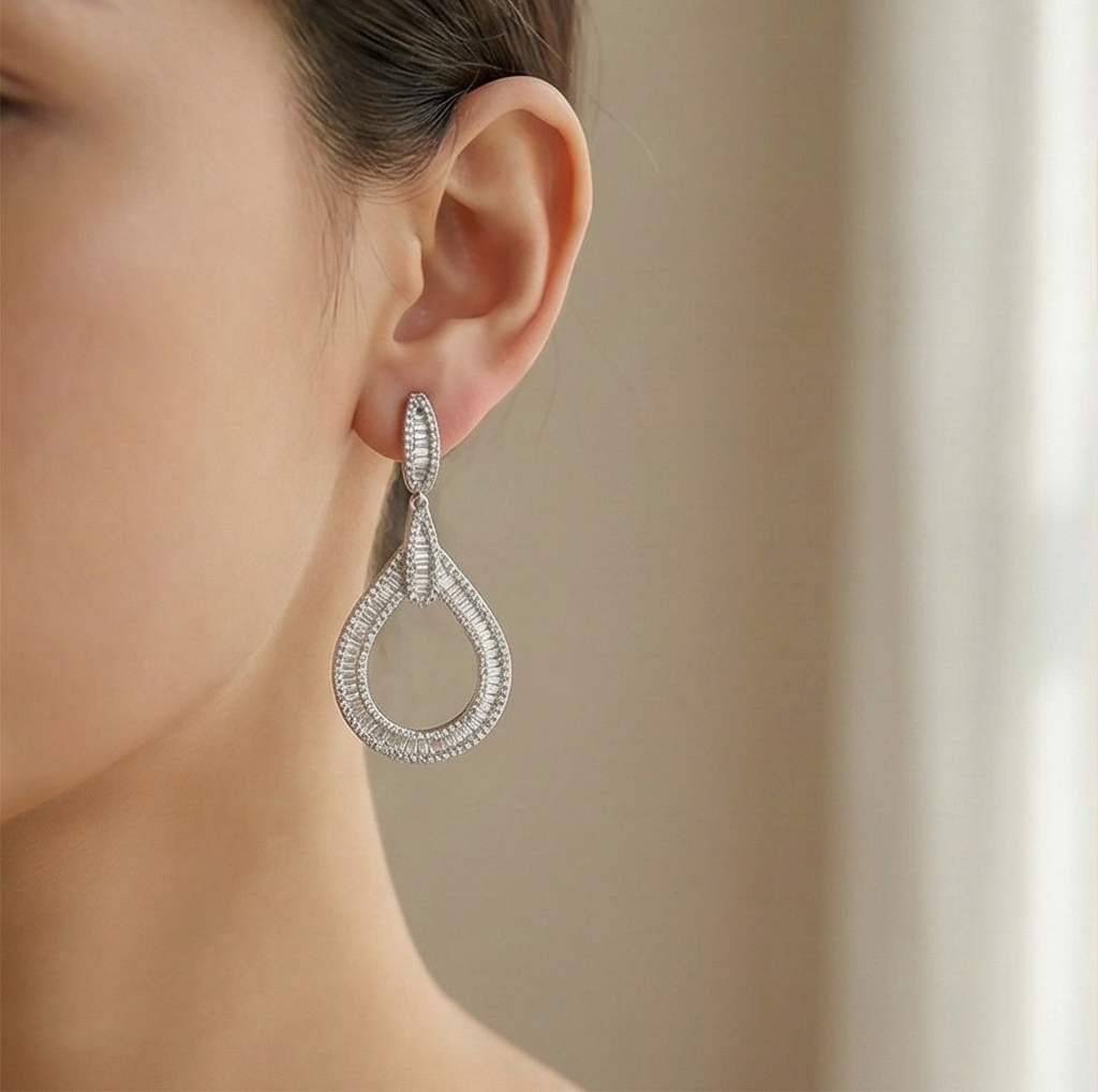 925 Sterling Silver Statement Open Teardrop Earrings High Polish Rhodium Women's Jewellery