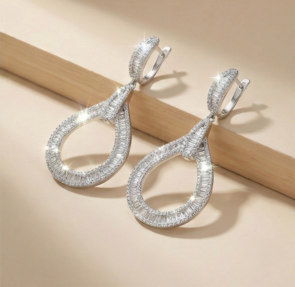 925 Sterling Silver Statement Open Teardrop Earrings High Polish Rhodium Women's Jewellery