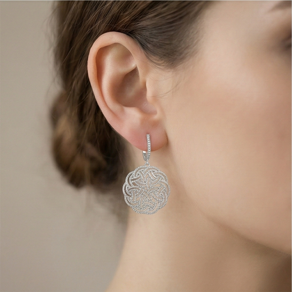 925 Sterling Silver Intricate Celtic Knot Drop Earrings High Polish Rhodium Women's Jewellery