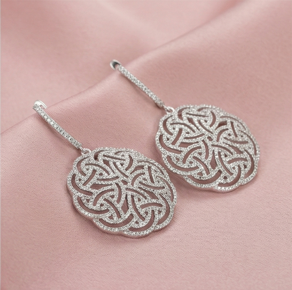 925 Sterling Silver Intricate Celtic Knot Drop Earrings High Polish Rhodium Women's Jewellery