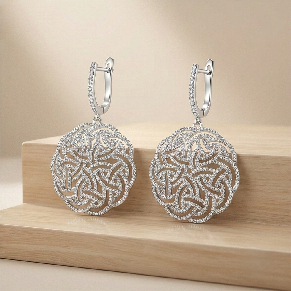925 Sterling Silver Intricate Celtic Knot Drop Earrings High Polish Rhodium Women's Jewellery