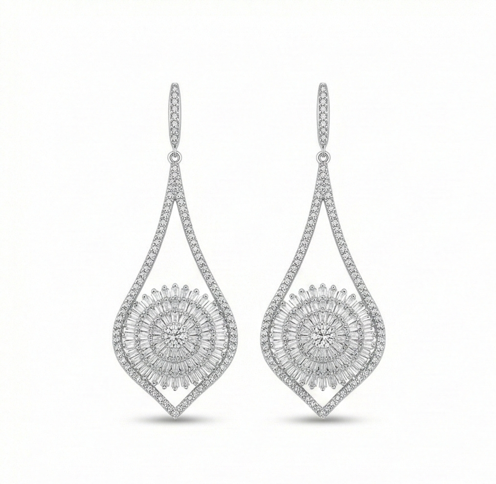 925 Sterling Silver Sunburst Teardrop Dangle Earrings High Polish Rhodium Women's Jewellery