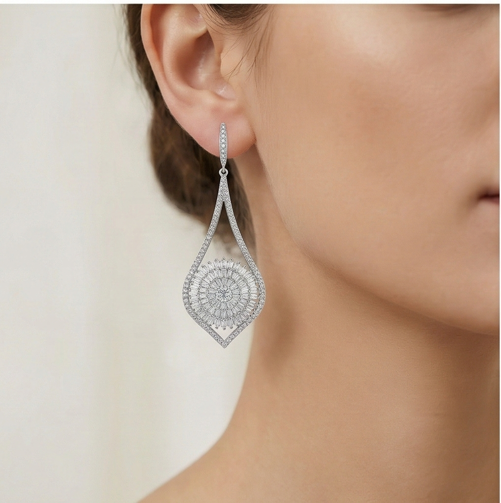925 Sterling Silver Sunburst Teardrop Dangle Earrings High Polish Rhodium Women's Jewellery