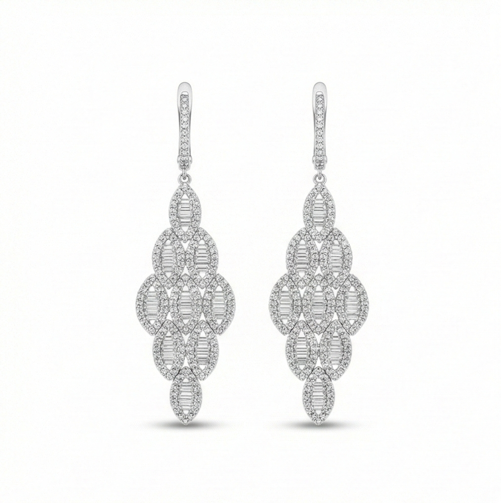925 Sterling Silver Art Deco Chandelier Earrings High Polish Rhodium Women's Jewellery