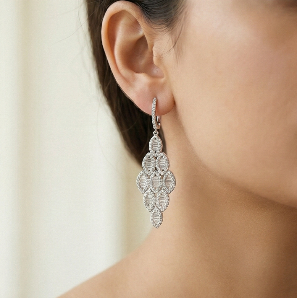 925 Sterling Silver Art Deco Chandelier Earrings High Polish Rhodium Women's Jewellery