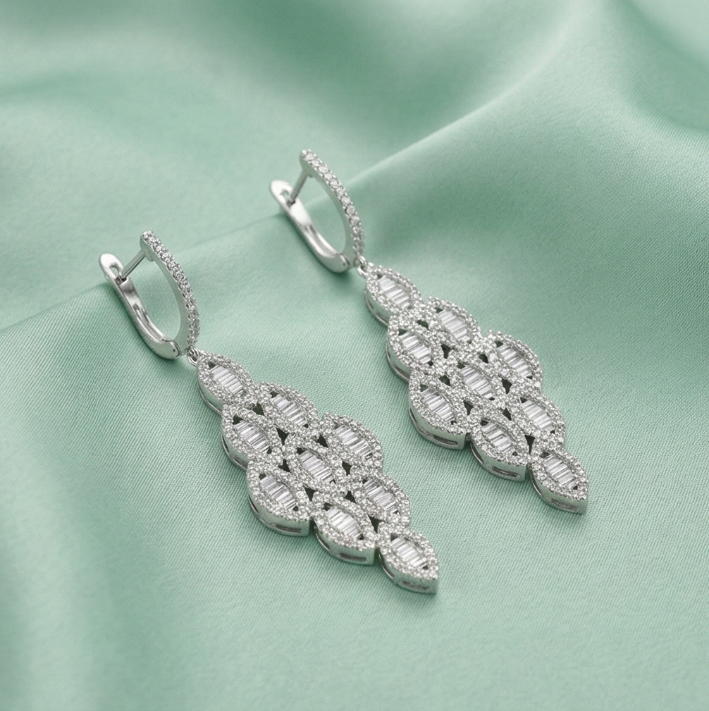 925 Sterling Silver Art Deco Chandelier Earrings High Polish Rhodium Women's Jewellery