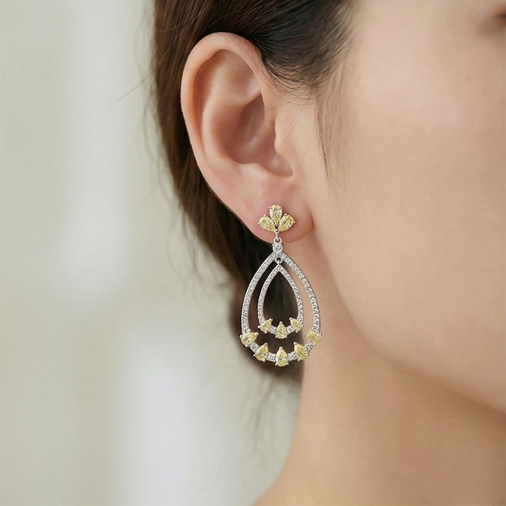 925 Sterling Silver Yellow Teardrop Chandelier Earrings High Polish Rhodium Women's Jewellery