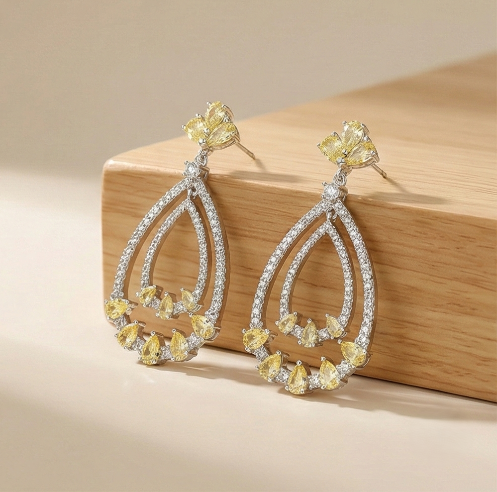 925 Sterling Silver Yellow Teardrop Chandelier Earrings High Polish Rhodium Women's Jewellery