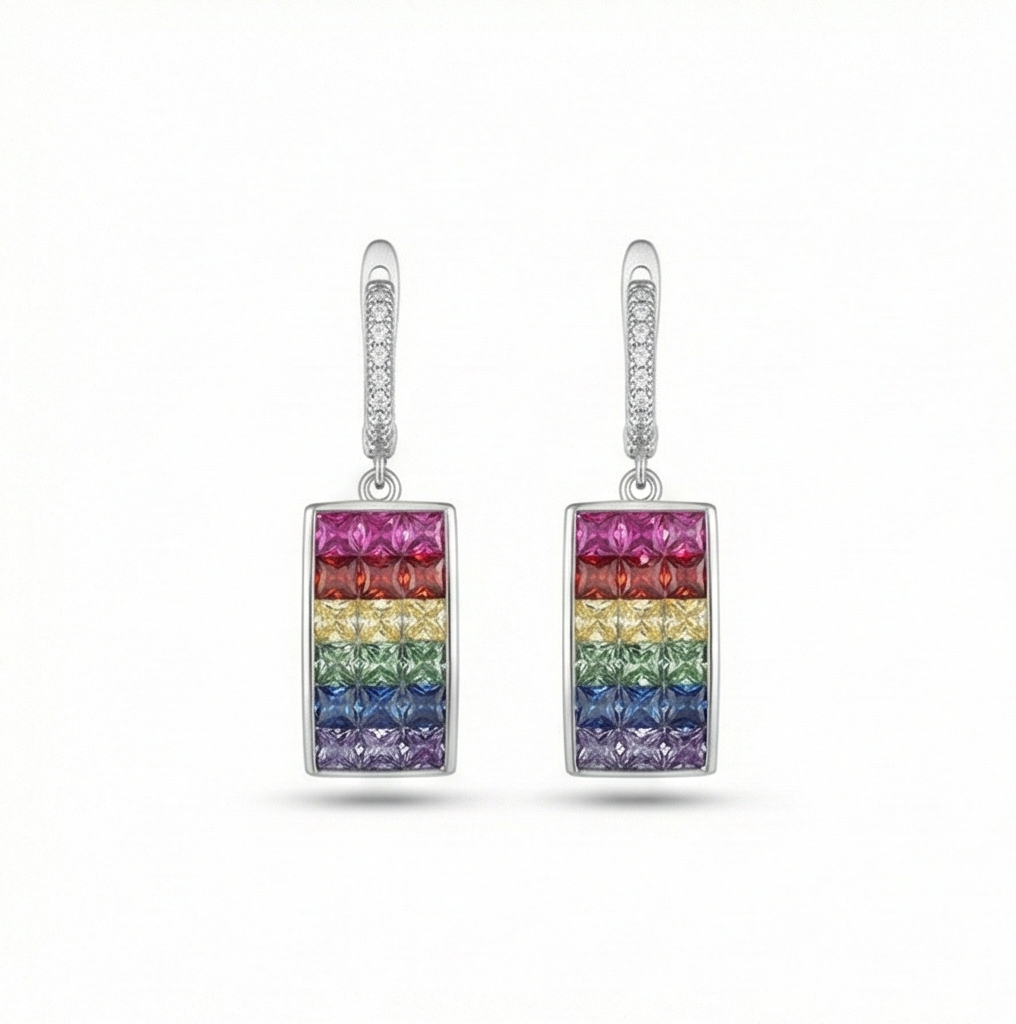 925 Sterling Silver Rainbow Rectangular Drop Earrings High Polish Rhodium Finish Statement Jewellery for Women