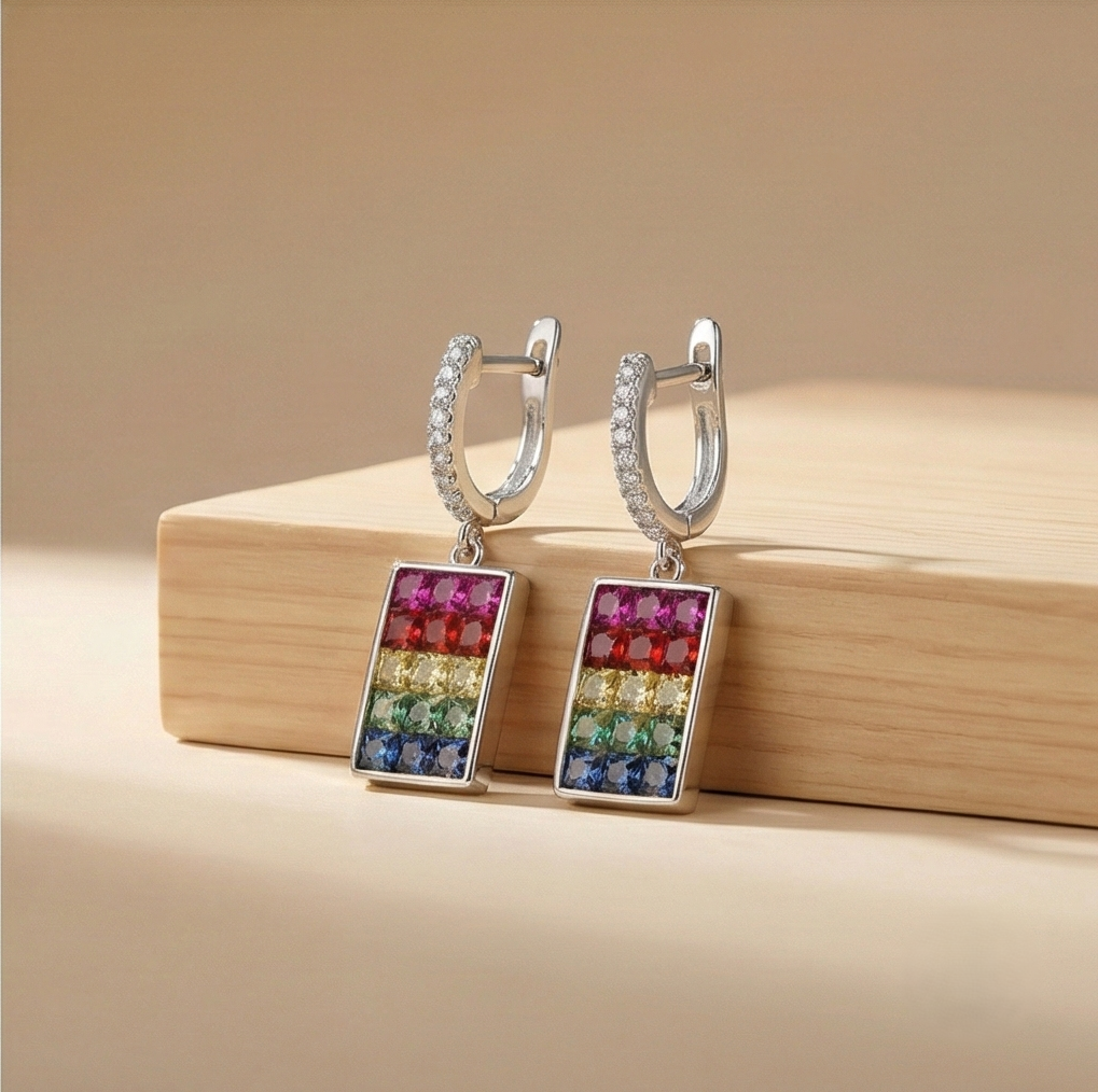 925 Sterling Silver Rainbow Rectangular Drop Earrings High Polish Rhodium Finish Statement Jewellery for Women