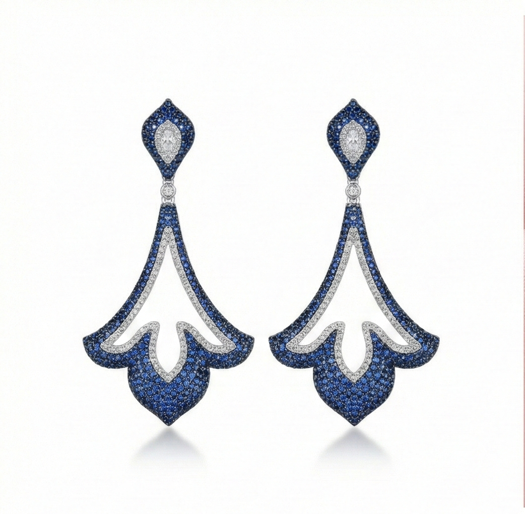 925 Sterling Silver Blue Filigree Chandelier Earrings High Polish Rhodium Finish Statement Jewellery for Women