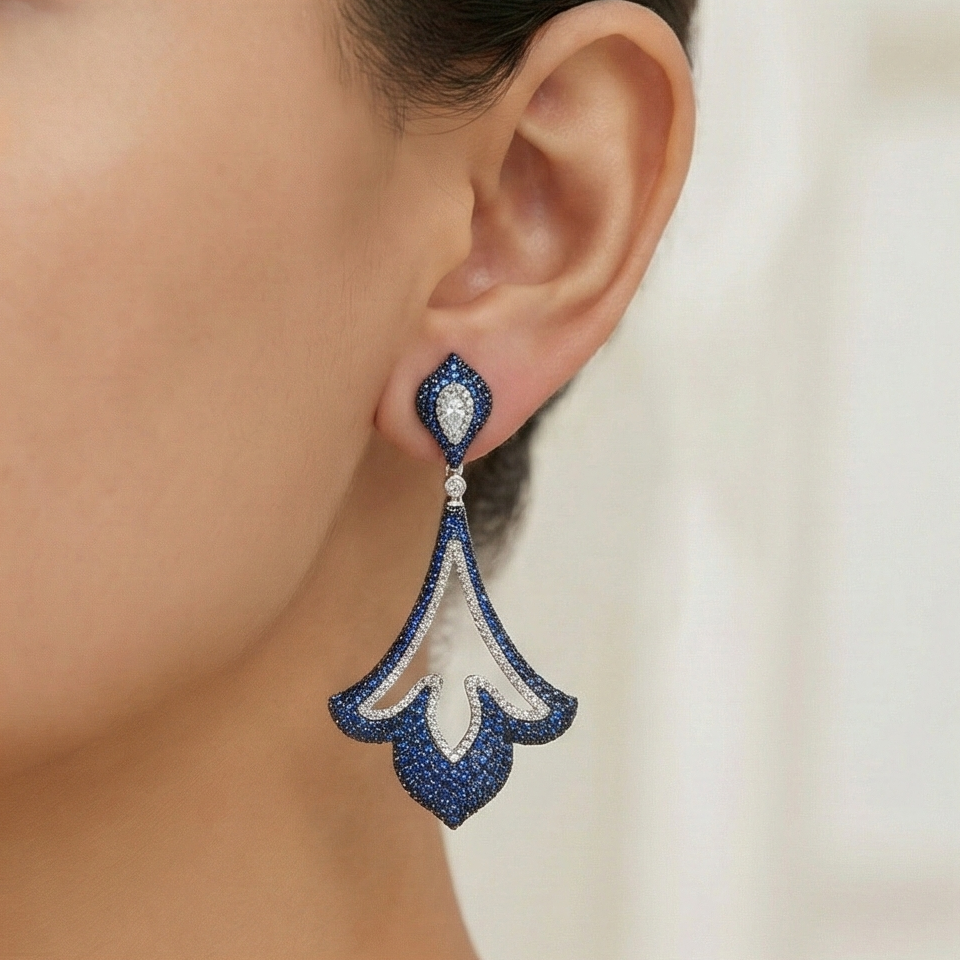 925 Sterling Silver Blue Filigree Chandelier Earrings High Polish Rhodium Finish Statement Jewellery for Women