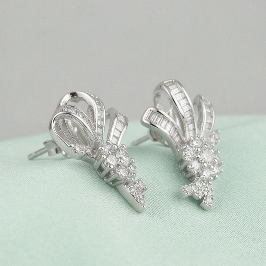 925 Sterling Silver Elegant Bow Motif Stud Earrings High Polish Rhodium Finish Classic Jewellery for Women