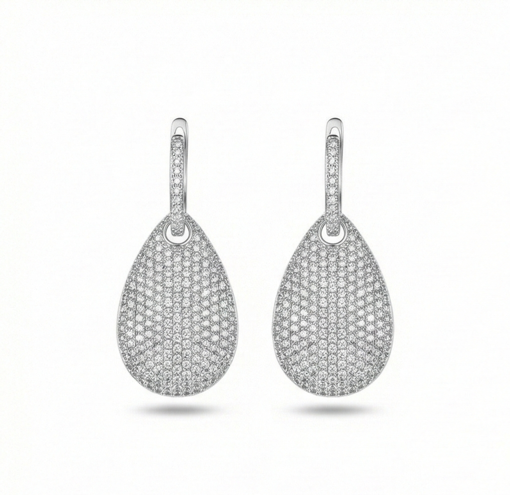 925 Sterling Silver Pave Teardrop Dangle Earrings High Polish Rhodium Finish Glamorous Jewellery for Women