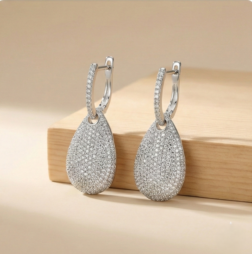 925 Sterling Silver Pave Teardrop Dangle Earrings High Polish Rhodium Finish Glamorous Jewellery for Women