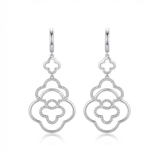 925 Sterling Silver Interlocking Quatrefoil Drop Earrings High Polish Rhodium Finish Minimalist Jewellery for Women